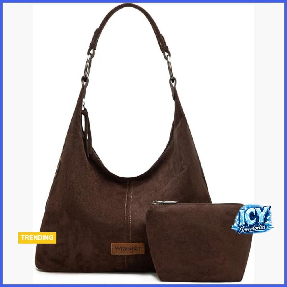 Suede Hobo Purse Embossed Soft Slouchy Shoulder Bag 2Pcs Set